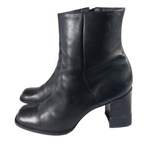 NINE WEST! "SINNY" BLACK GENUINE LEATHER SQUARE TOE CHUNKY HEEL BOOTS! SZ 8.5M